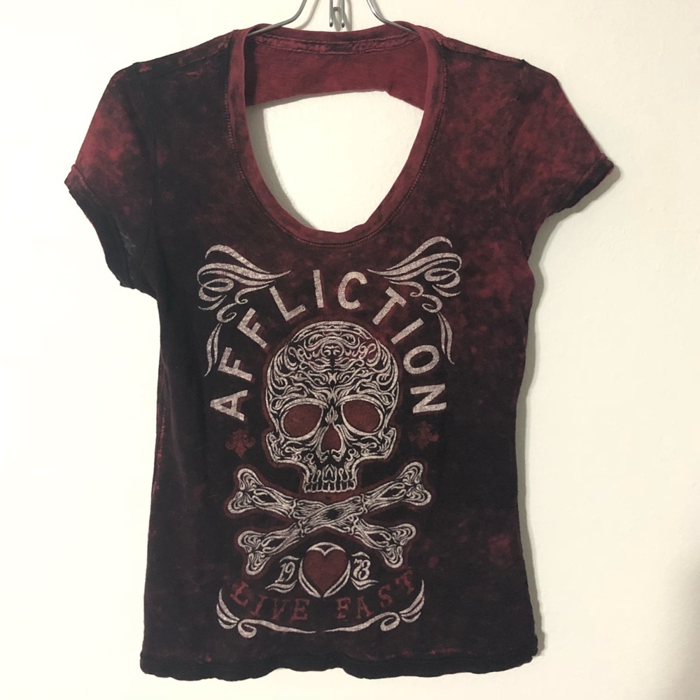 Affliction Women's Red Black Skull Graphic Cutout Tee
